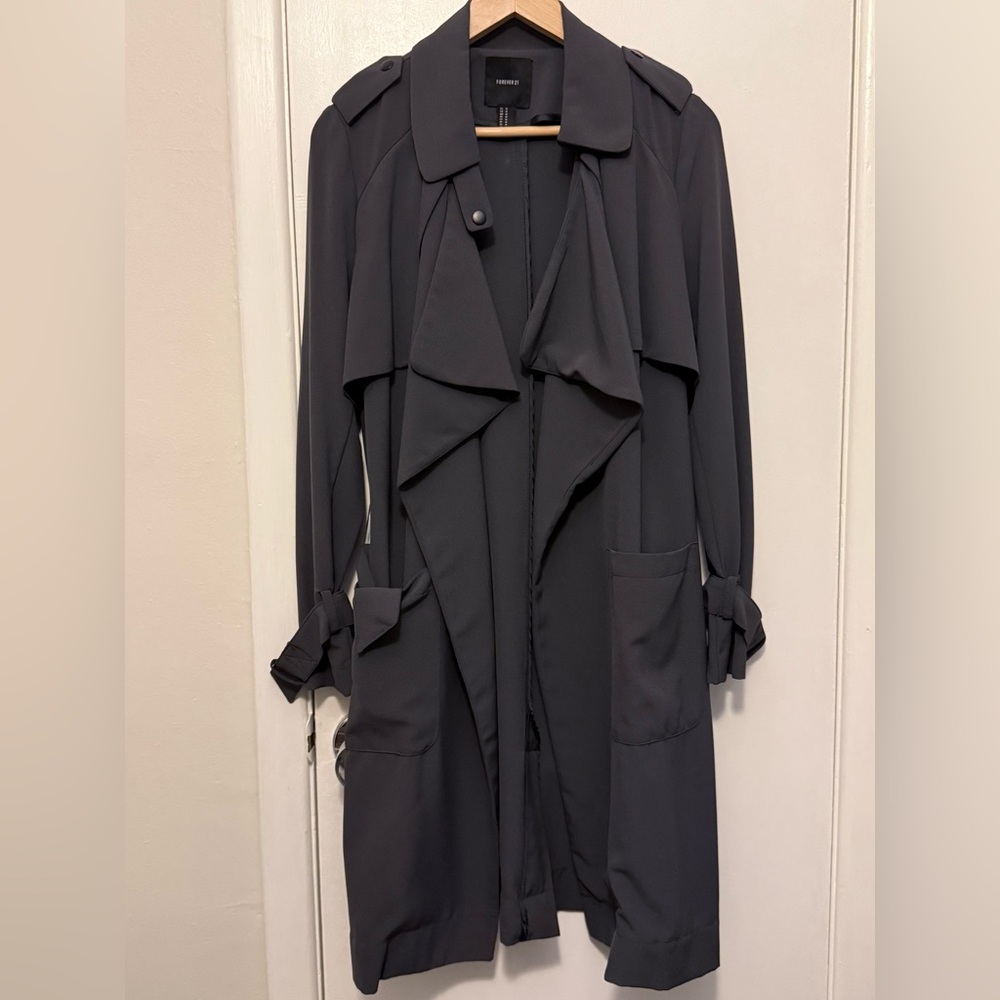 Forever 21 Gray Trench Coat with Waterfall Front